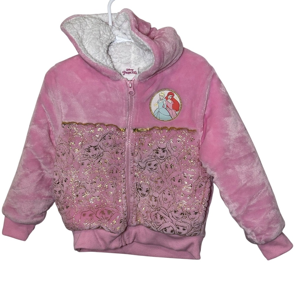 Disney Princess Girls Pink Faux Fur Sherpa Lined Zip Hoodie Jacket Ariel 4T